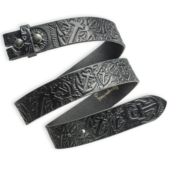 Anchor interchangeable belt, hand-embossed by the belt manufacturer Neptunsgemsgeide with an anchor motif, black leather belt with snap fastener, interchangeable belt.