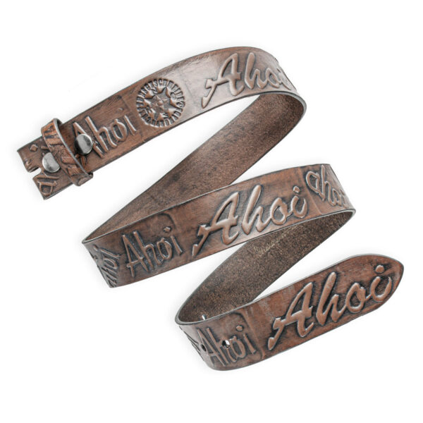 Hand-embossed interchangeable belt, brown 4 cm, motif Ahoy, lettering, from NeptunsSchmeide.