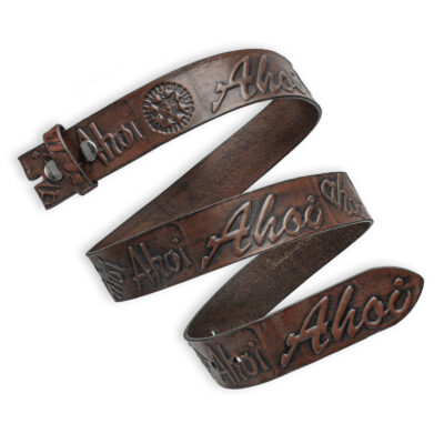 Handgeprägter Wechselgürtel, braun 4 cm, Motiv Ahoi, Schriftzug, von Neptunsgeschmeide.