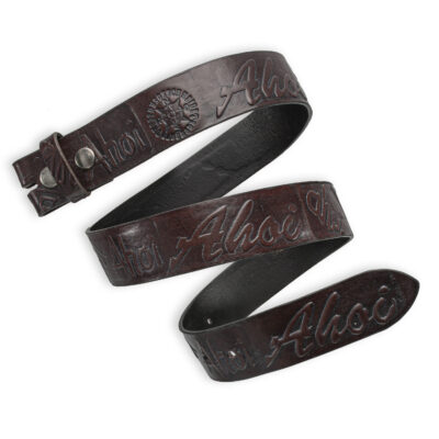 Handgeprägter Wechselgürtel, dunkelbraun 4 cm, Motiv Ahoi, Schriftzug, von Neptunsgeschmeide.