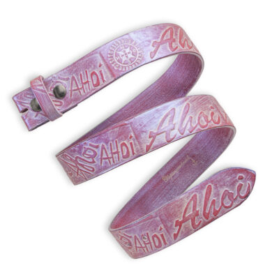 Handgeprägter Wechselgürtel, pink 4 cm, Motiv Ahoi, Schriftzug, von Neptunsgeschmeide.