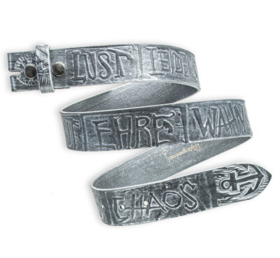 Handgeprägter Wechselgürtel, silber 4 cm, Motiv Chaos. Ledergürtel von Neptunsgeschmeide.