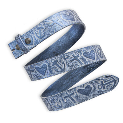 Handgeprägter Wechselgürtel, blau 4 cm, Motiv: Glaube Liebe Hoffnung. Symbolprägung. Ledergürtel von Neptunsgeschmeide.