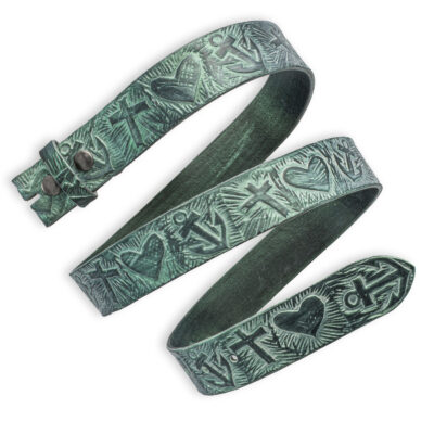 Handgeprägter Wechselgürtel, grün 4 cm, Motiv: Glaube Liebe Hoffnung. Symbolprägung. Ledergürtel von Neptunsgeschmeide.