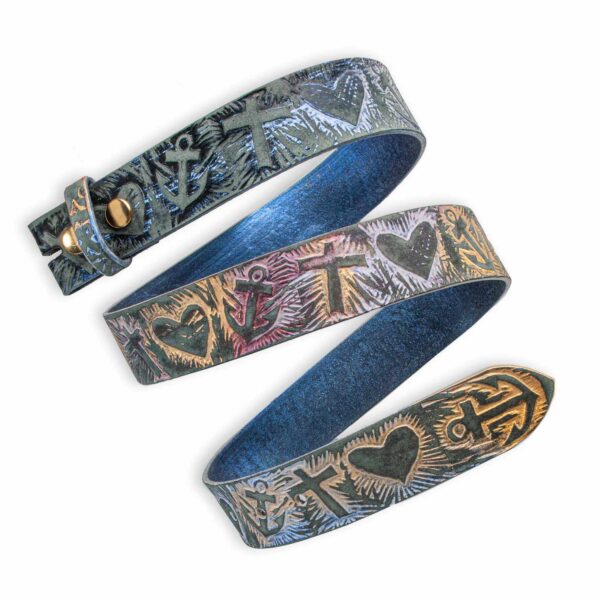 Hand-embossed interchangeable belt, multicolored 4 cm, motif: Faith Love Hope. symbol embossing. Leather belt from Neptune Jewels.