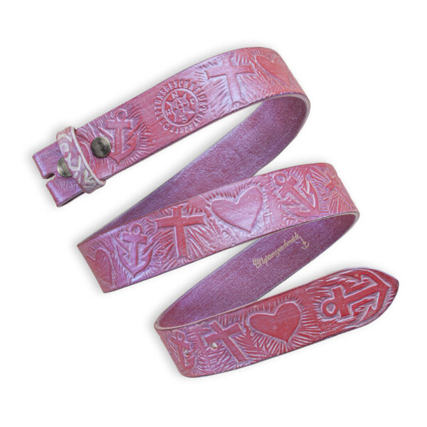 Handgeprägter Wechselgürtel, pink 4 cm, Motiv: Glaube Liebe Hoffnung. Symbolprägung. Ledergürtel von Neptunsgeschmeide.