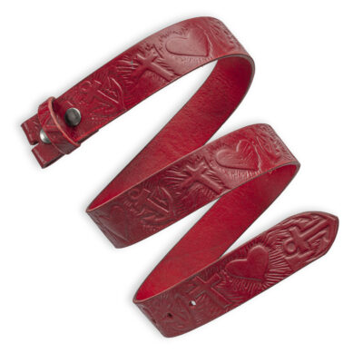 Handgeprägter Wechselgürtel, rot 4 cm, Motiv: Glaube Liebe Hoffnung. Symbolprägung. Ledergürtel von Neptunsgeschmeide.