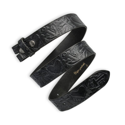 Handgeprägter Wechselgürtel, schwarz 4 cm, Motiv: Glaube Liebe Hoffnung. Symbolprägung. Ledergürtel von Neptunsgeschmeide.