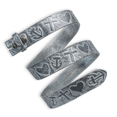 Handgeprägter Wechselgürtel, silber 4 cm, Motiv: Glaube Liebe Hoffnung. Symbolprägung. Ledergürtel von Neptunsgeschmeide.
