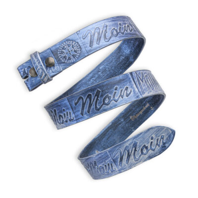 Handgeprägter Wechselgürtel, blau 4 cm, Motiv Moin, von Neptunsgeschmeide.