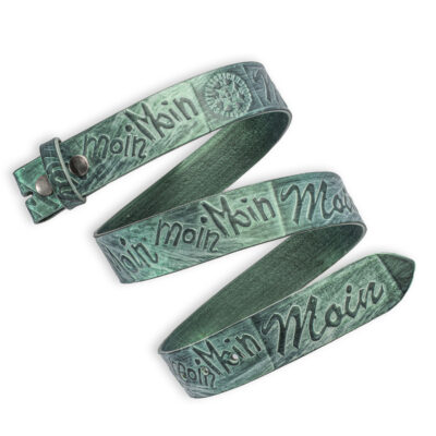 Handgeprägter Wechselgürtel Leder, grün 4 cm, Motiv Moin, von Neptunsgeschmeide.