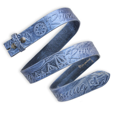 Handgeprägter Wechselgürtel, blau 4 cm, Motiv "Rüm Hart, klaar Kimming", von Neptunsgeschmeide.