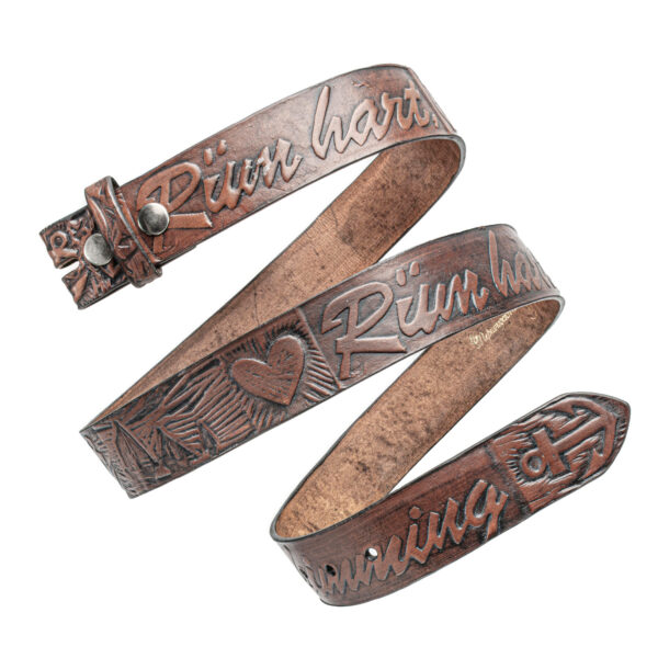 Hand-embossed interchangeable belt, brown 4 cm, motif "Rüm Hart, klaar Kimming", by Neptunsschmeide.