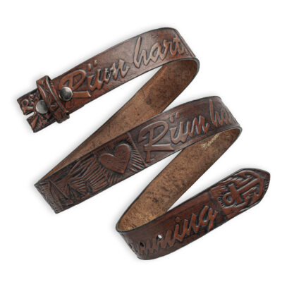 Handgeprägter Wechselgürtel, braun 4 cm, Motiv "Rüm Hart, klaar Kimming", von Neptunsgeschmeide.