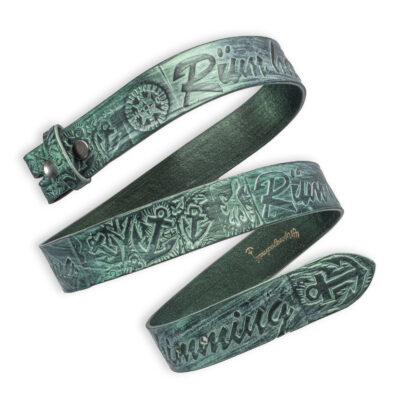 Handgeprägter Wechselgürtel, grün 4 cm, Motiv "Rüm Hart, klaar Kimming", von Neptunsgeschmeide.
