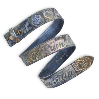 Handgeprägter Wechselgürtel, multicolor 4 cm, Motiv "Rüm Hart, klaar Kimming", von Neptunsgeschmeide.