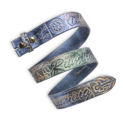 Handgeprägter Wechselgürtel, regenbogen 4 cm, Motiv "Rüm Hart, klaar Kimming", von Neptunsgeschmeide.