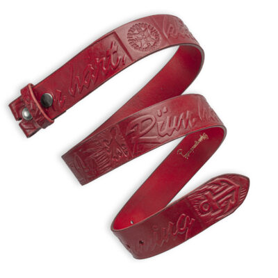 Handgeprägter Wechselgürtel, rot 4 cm, Motiv "Rüm Hart, klaar Kimming", von Neptunsgeschmeide.