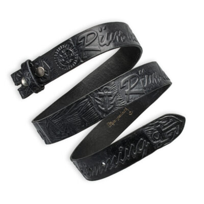 Handgeprägter Wechselgürtel, schwarz 4 cm, Motiv "Rüm Hart, klaar Kimming", von Neptunsgeschmeide.