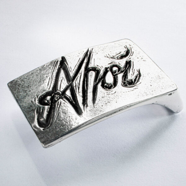 Belt clasp or buckle, motif "Ahoi", rectangular format 5 x 7,5 cm, color blackened. Handcrafted by Neptune Jewels.