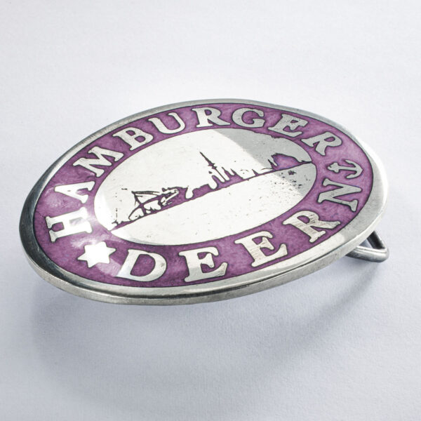 Gürtelschließe oder Gürtelschnalle, Motiv "Hamburger Deern", Format oval 8 x 6 cm erhaben, Farbe pink. Handarbeit von Neptunsgeschmeide.