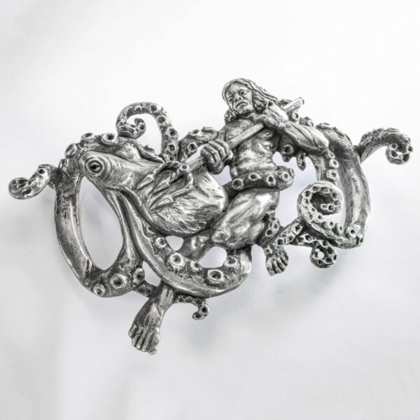 Belt clasp or belt buckle, "Neptune" motif, format approx. 20 x 13 cm, blackened colour. Handcrafted by Neptune Jewels.