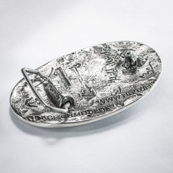 Belt clasp or belt buckle, motif "strudel" large, oval format approx. 10 x 6 cm, back. Handcrafted by Neptune Jewels.