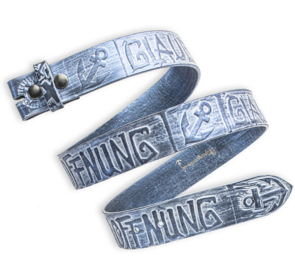 Hand-embossed interchangeable belt, blue 4 cm, motif: Faith Love Hope. text embossing Leather belt from Neptune Jewels.