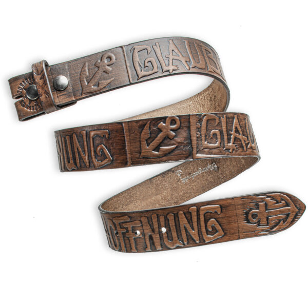 Hand-embossed interchangeable belt, brown 4 cm, motif: Faith Love Hope. text embossing Leather belt from Neptune Jewels.