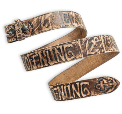 Handgeprägter Wechselgürtel, braun vintage 4 cm, Motiv: Glaube Liebe Hoffnung. Textprägung. Ledergürtel von Neptunsgeschmeide.