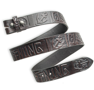 Handgeprägter Wechselgürtel, dunkelbraun 4 cm, Motiv: Glaube Liebe Hoffnung. Textprägung. Ledergürtel von Neptunsgeschmeide.