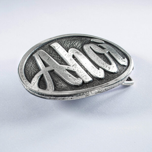 Belt clasp or buckle, motif "Ahoi", format oval raised 8 x 6 cm, color blackened. Handcrafted by Neptune Jewels.