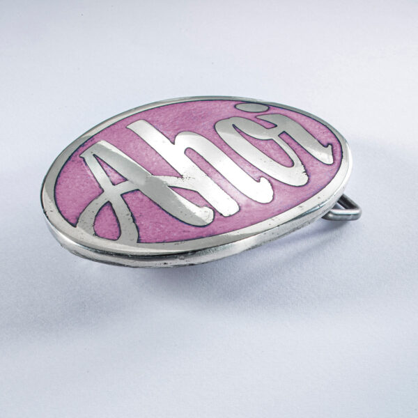 Belt clasp or buckle, motif "Ahoi", format oval raised 8 x 6 cm, color pink. Handcrafted by Neptune Jewels.