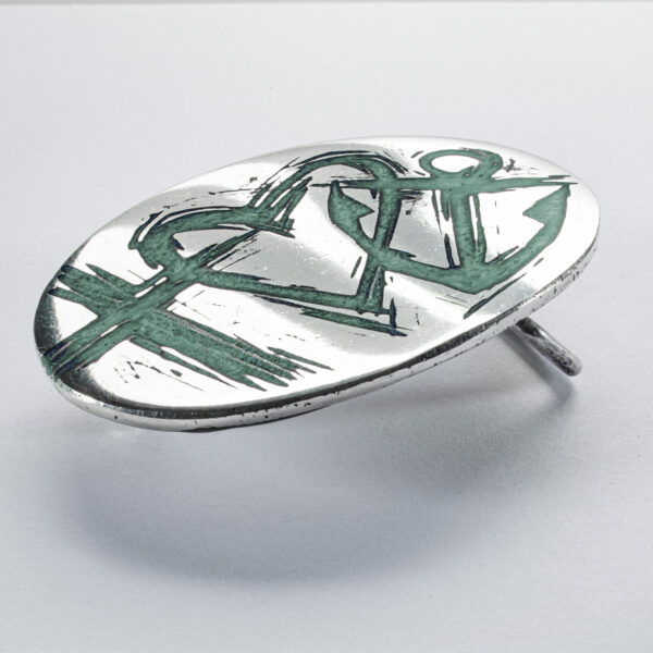 Motiv Gürtelschnalle oder Gürtelschließe Glaube Liebe Hoffnung Symbole, Format oval vertieft ca. 8 x 5,5 cm, Farbe grün. Handarbeit von Neptunsgeschmeide.