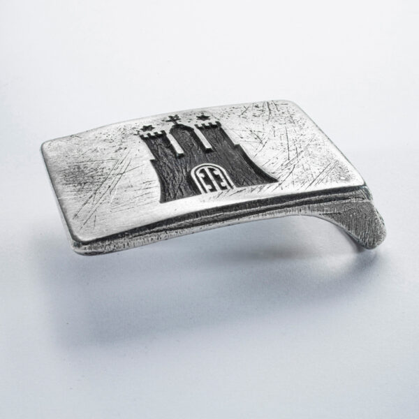 Motif belt buckle or belt clasp Hammaburg symbol, square format deepened approx. 7 x 4,5 cm, color blackened. Handcrafted by Neptune Jewels.