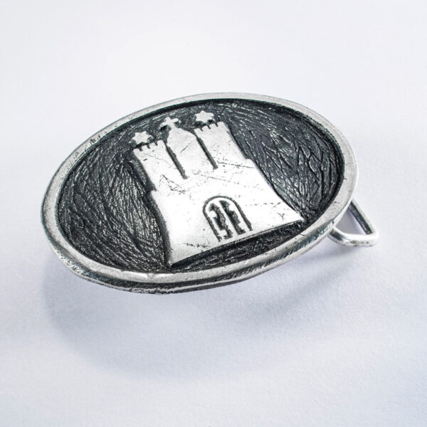 Motif belt buckle or belt buckle Hammaburg symbol, format oval raised approx. 7 x 5 cm, color blackened. Handcrafted by Neptune Jewels.