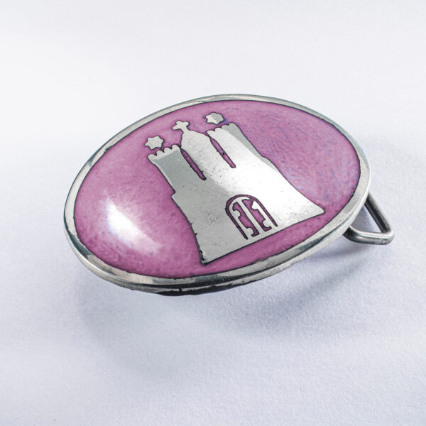 Motiv Gürtelschnalle oder Gürtelschließe Hammaburg Symbol, Format oval erhaben ca. 7 x 5 cm, Farbe pink. Handarbeit von Neptunsgeschmeide.