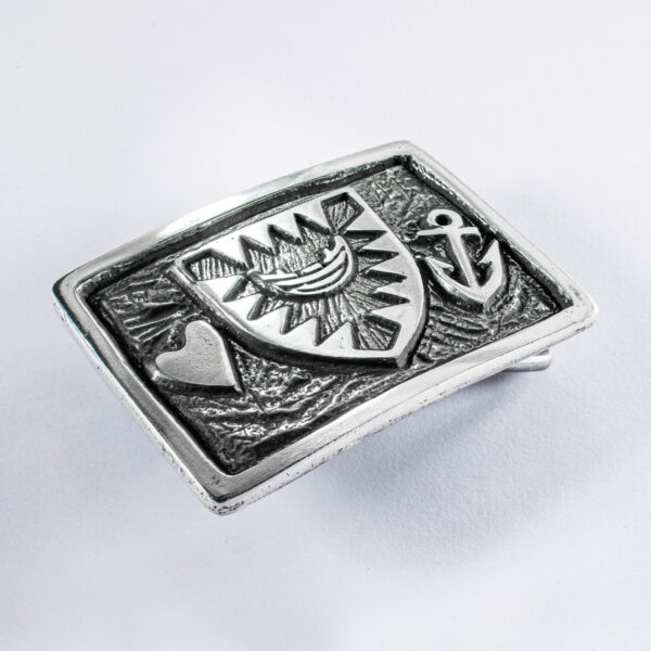 Motif belt buckle or belt clasp Kiel coat of arms with anchor and heart, rectangular format approx. 7 x 4,5 cm, color blackened. Handcrafted by Neptune Jewels.