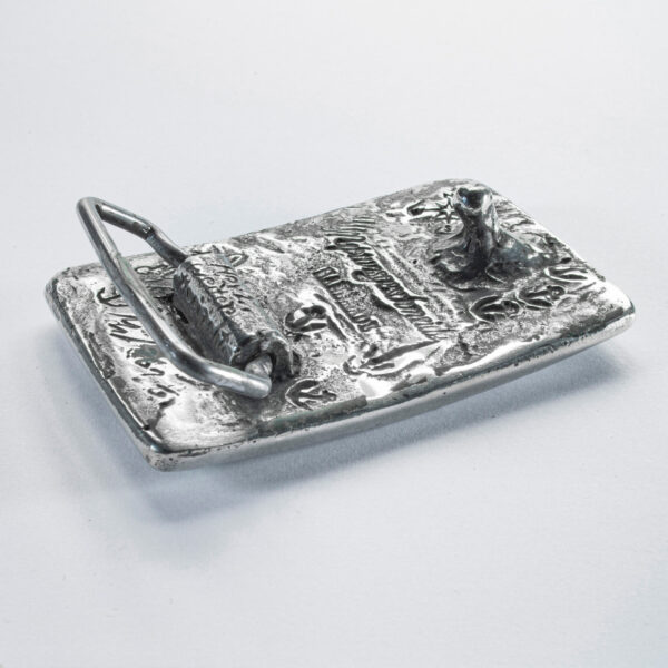 Motif belt buckle or belt clasp Holstentor, rectangular format approx. 7 x 4,5 cm, back. Handcrafted by Neptune Jewels.