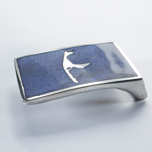 Belt clasp or belt buckle, "Sylt" motif, square, small and raised, format 6 x 4 cm, color blue. Handcrafted by Neptune Jewels.