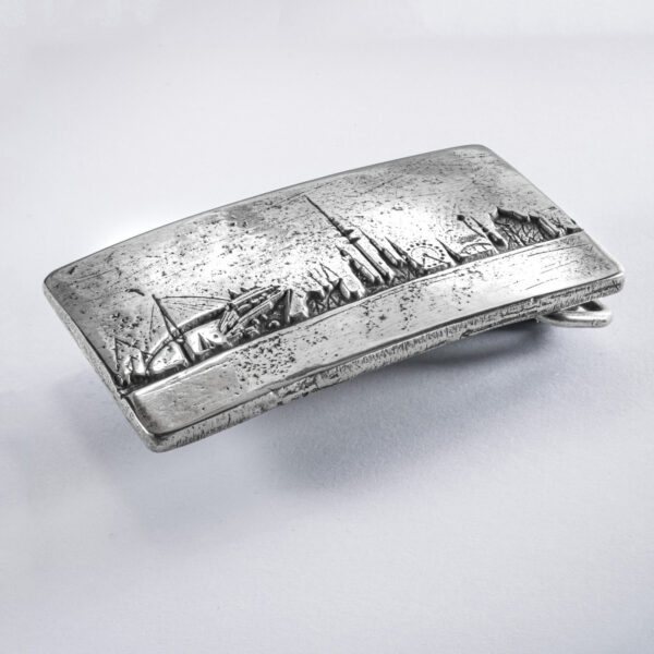 Motif belt buckle or belt buckle Hamburger Hafen Skyline square, format approx. 8,5 x 5 cm, color blackened. Handcrafted by Neptune Jewels.