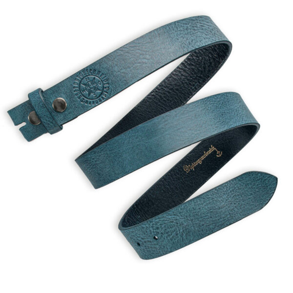 Schlichter Wechselgürtel Soft Jeans-Blau von Neptunsgeschmeide. Abbildung des Lederriemens, softe Qualität. 4 cm Breite.
