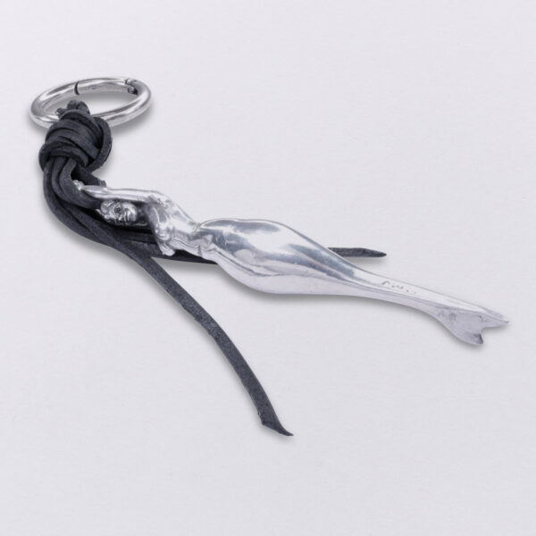 Gebamsel® pendant mermaid, side view detail 3, pewter, from Neptune jewelry. Bag or key ring with snap hook, small.