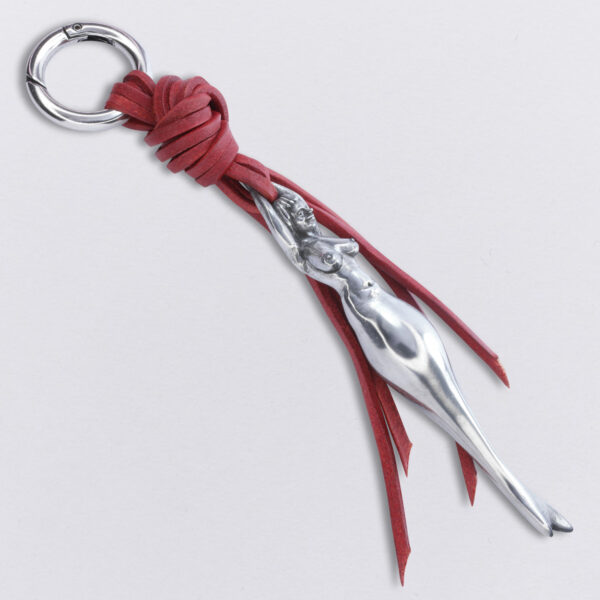 Gebamsel® Mermaid pendant, view detail 2 on a red leather strap, pewter, from Neptune jewelry. Bag or key ring with snap hook, small.