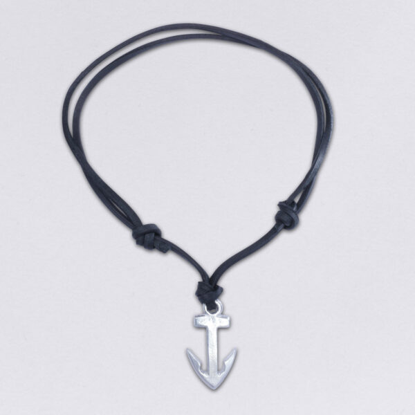 Neptun's friend anchor pendant on a square black leather strap with an adjustable knot closure, from NeptunsSchmeide.