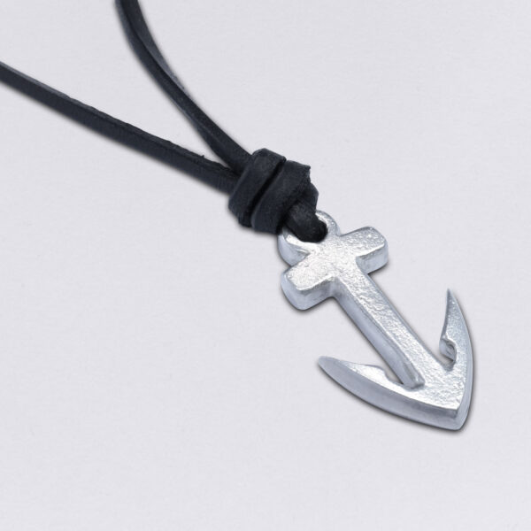 Anchor pendant: Neptune's friend on a square black leather strap with an adjustable knot closure from Neptune jewelry.