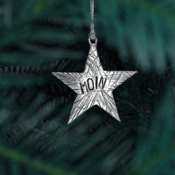 Weihnachtsstern MOIN mit Wunschprägung. Ein individualisierbarer Stern mit Wunschprägung als Weihnachtsbaumschmuck, hier mit der Prägung: MOIN im Tannenbaum.von Neptunsgeschmeide.