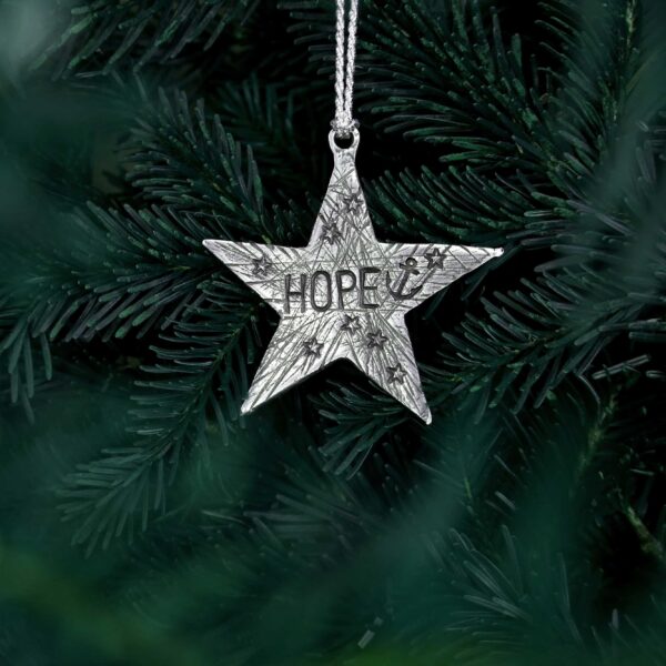 Weihnachtsstern Hope mit Sternen und Anker, mit optionaler Wunschprägung aus Zinn, hier mit Beipielprägungen Herzen, Ankern, Sternen. Maße ca. 8 x 8 cm. Von Neptunsgeschmeide. Frontalansicht im Baum