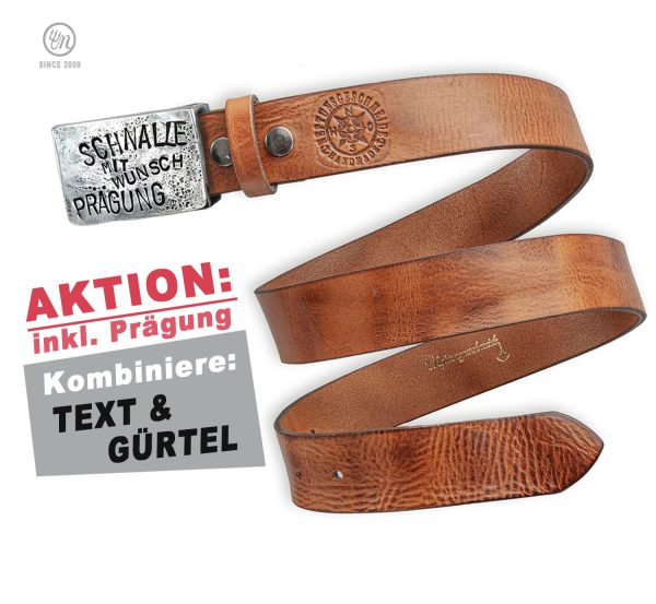 Ceinture marron avec boucle de ceinture personnalisable. Un gaufrage de votre choix peut être appliqué sur le devant. Boucle de ceinture en étain avec ceinture en cuir, ceinture interchangeable avec bouton pression par Neptunsgeschmeide. L'image montre une offre spéciale avec gaufrage.