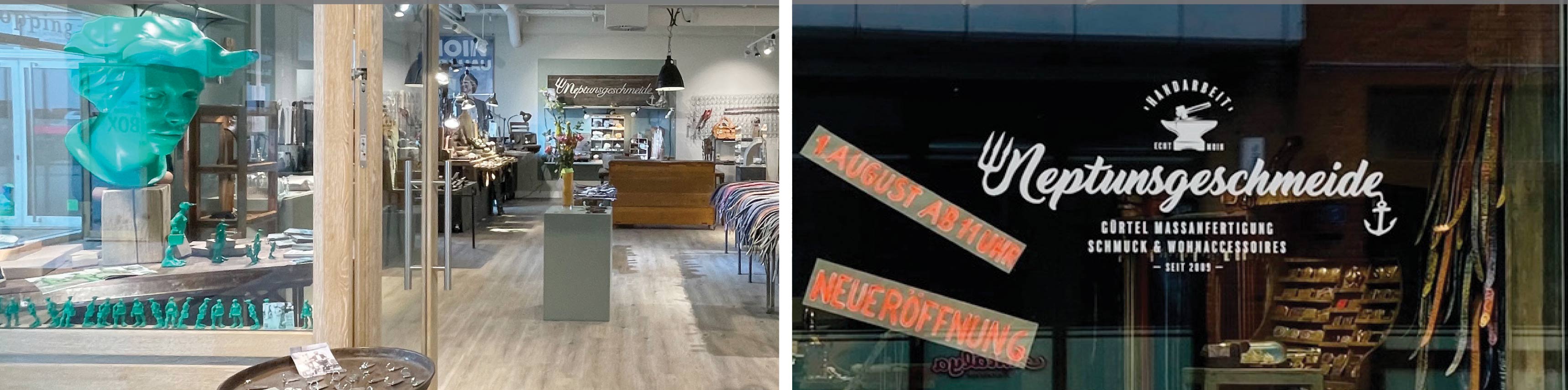 Bild zeigt die Schaufenster der zwei Läden von Neptunsgeschmeide in Eckernförde und List auf Sylt.